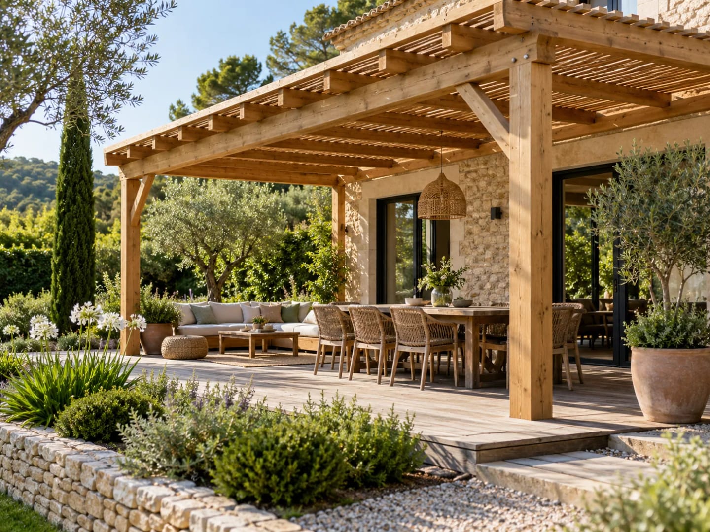 Pergola en bois aménageant un espace extérieur.
