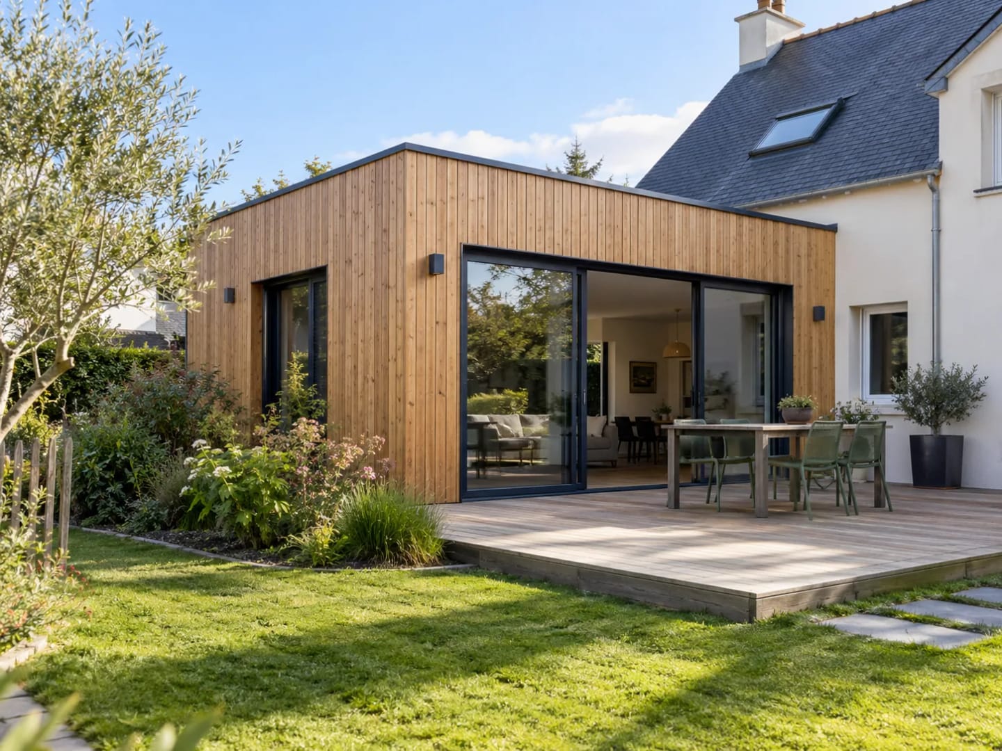 Extension contemporaine en ossature bois avec terrasse et grandes baies vitrées.