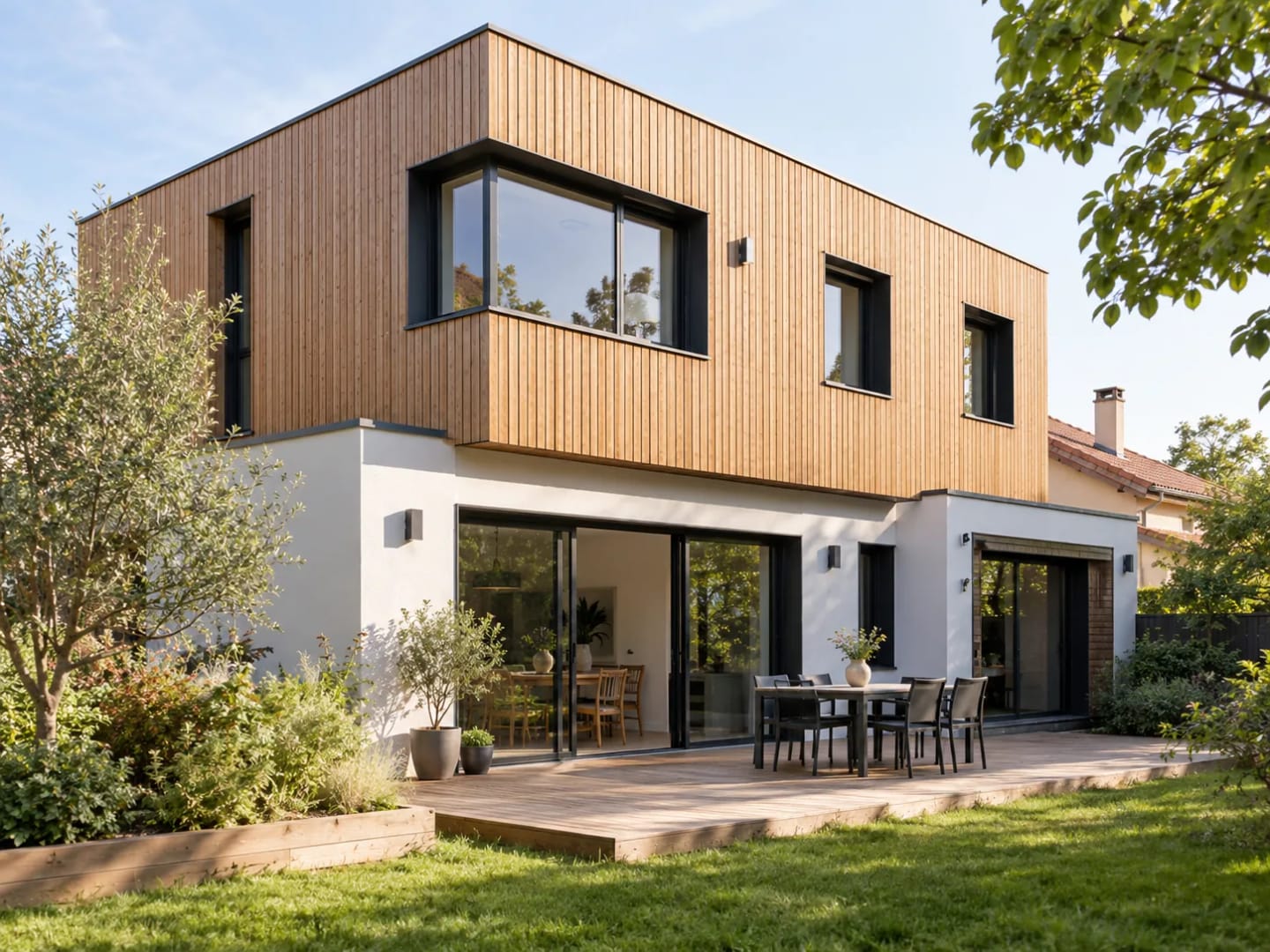 Surélévation en ossature bois avec bardage bois au-dessus d’une maison existante.