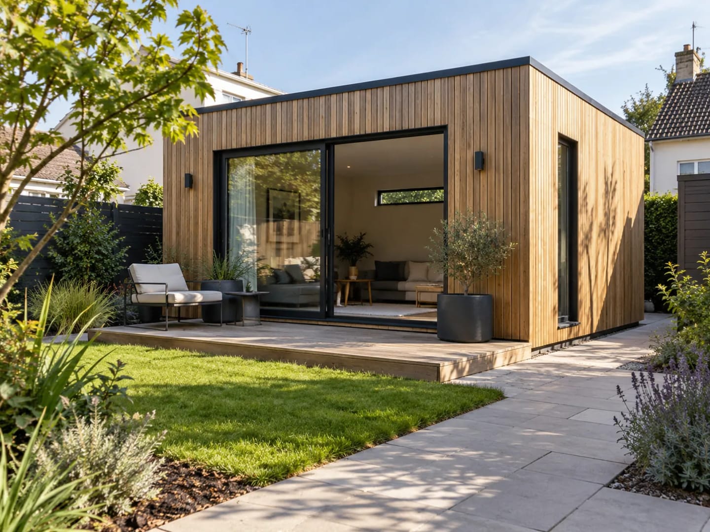Annexe de jardin en ossature bois avec terrasse et aménagement paysager.
