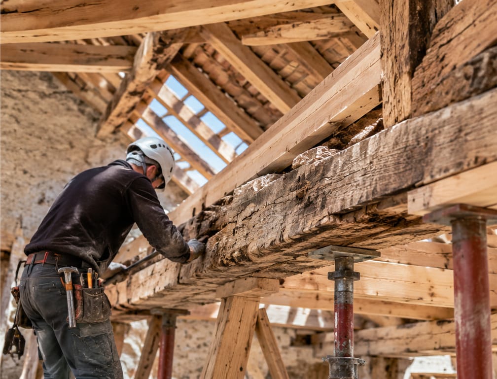 Charpentier réalisant une rénovation de charpente avec méthode.