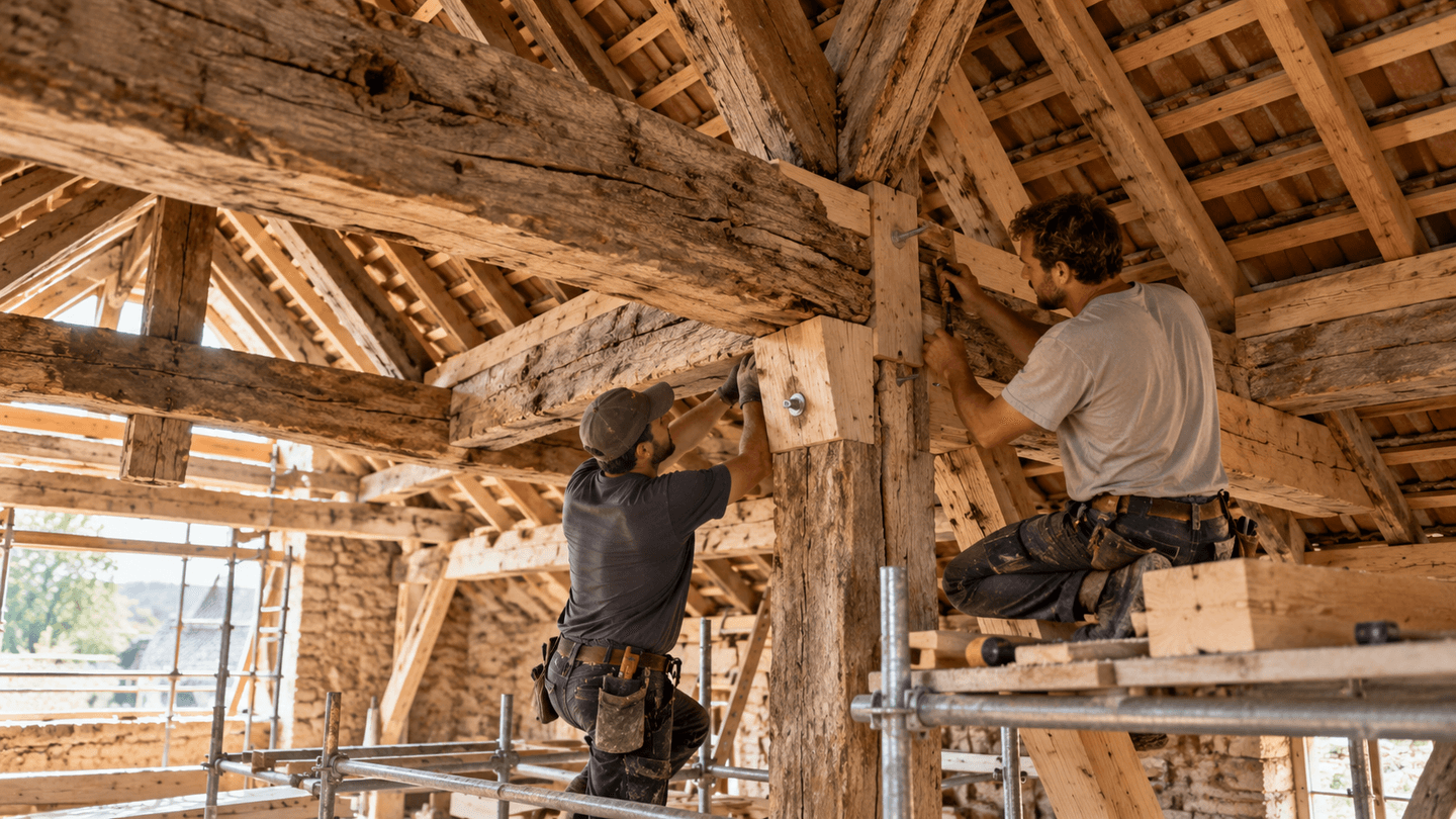 Charpentiers réparant une charpente ancienne dans des combles.