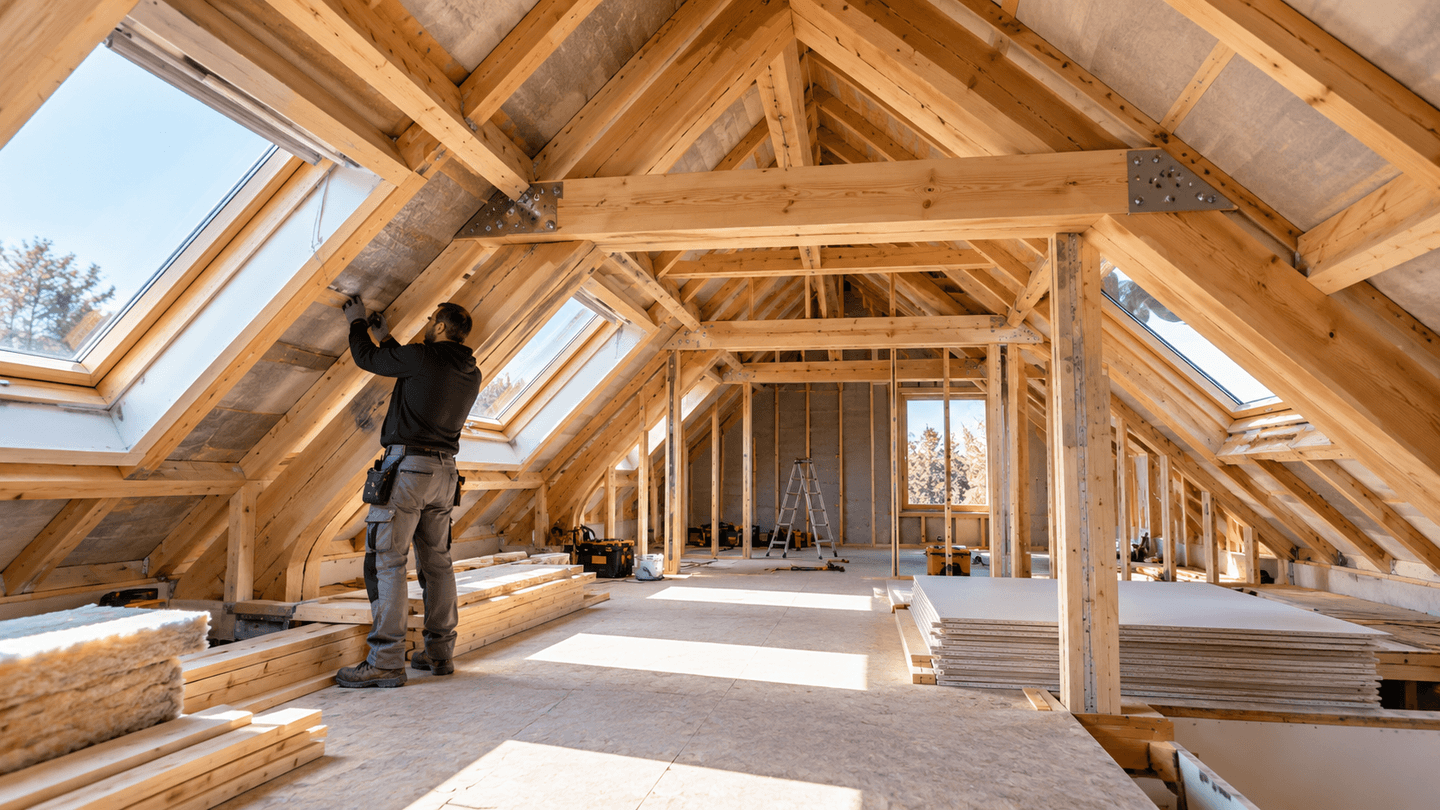 Aménagement de combles sous une charpente en bois avec des fenêtres de toit.