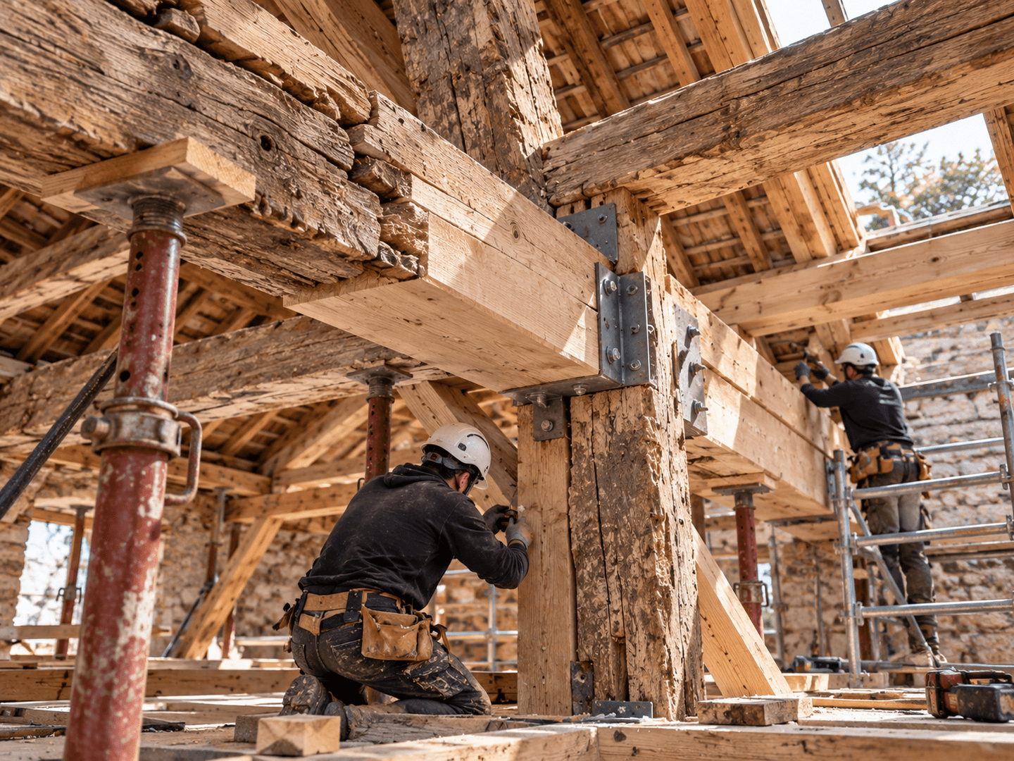 Charpentiers renforçant une structure ancienne avec des pièces de bois et des fixations métalliques.