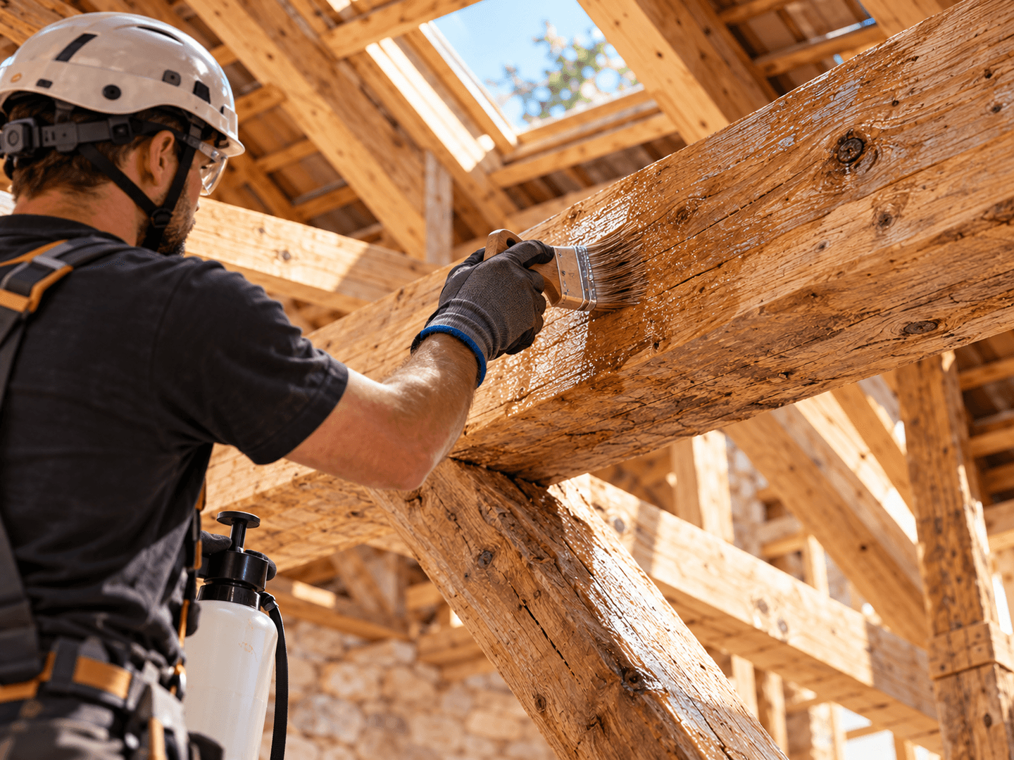Artisan intervenant sur une pièce de charpente en bois.