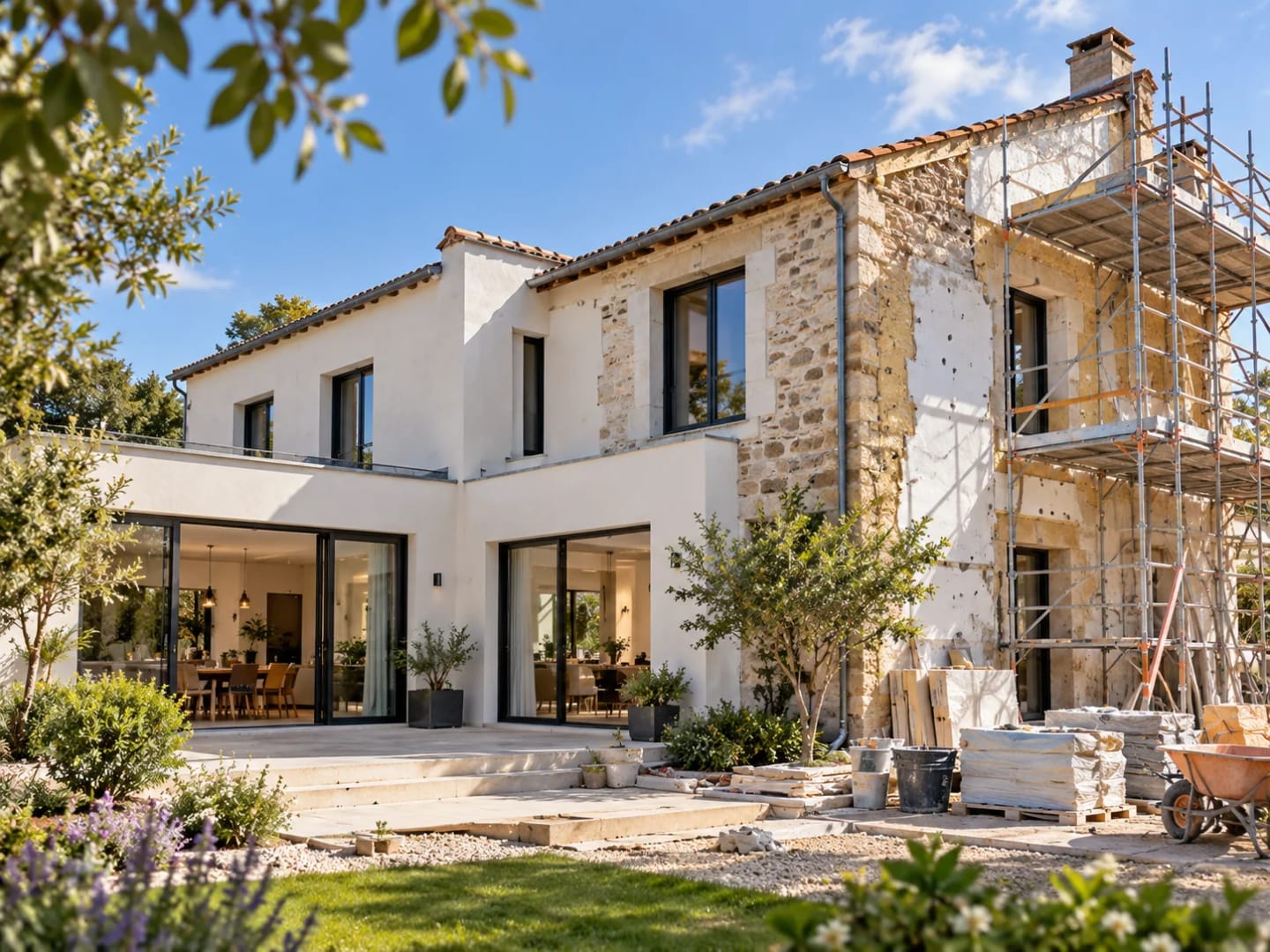 Maison rénovée avec façade en pierre et extension contemporaine en cours de finition