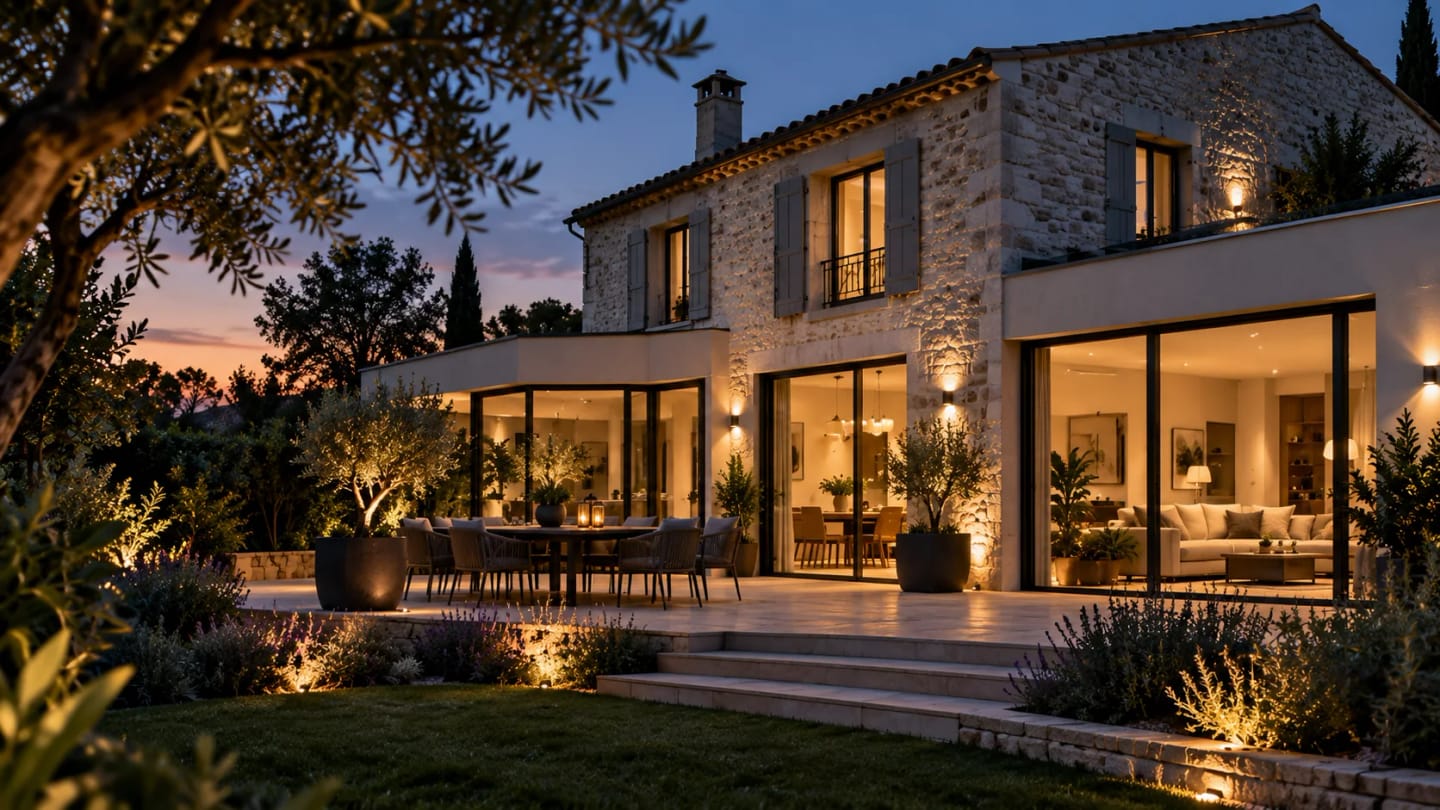 Maison rénovée éclairée en soirée avec terrasse et jardin