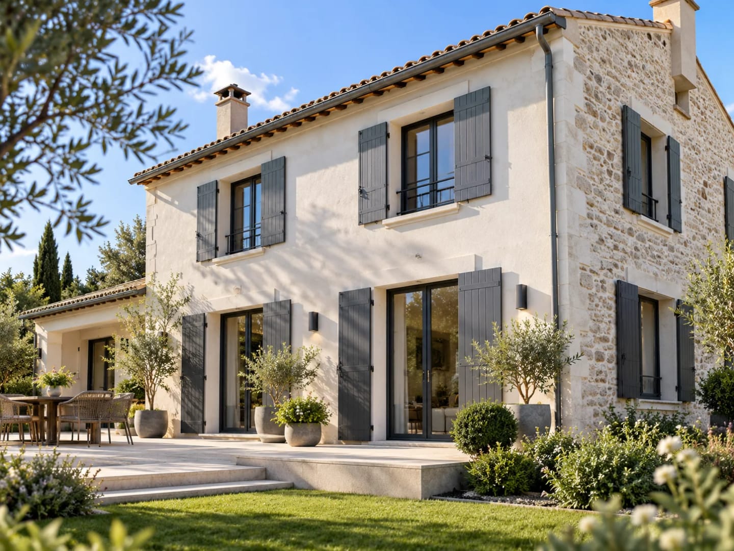 Façade de maison en pierre rénovée avec volets et végétation