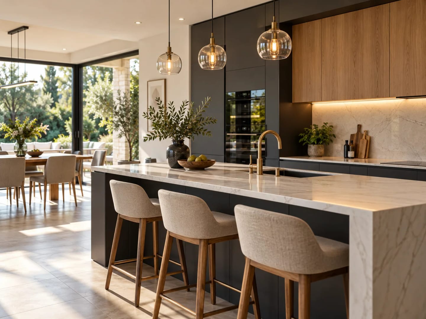 Cuisine contemporaine rénovée avec îlot central et finitions en bois