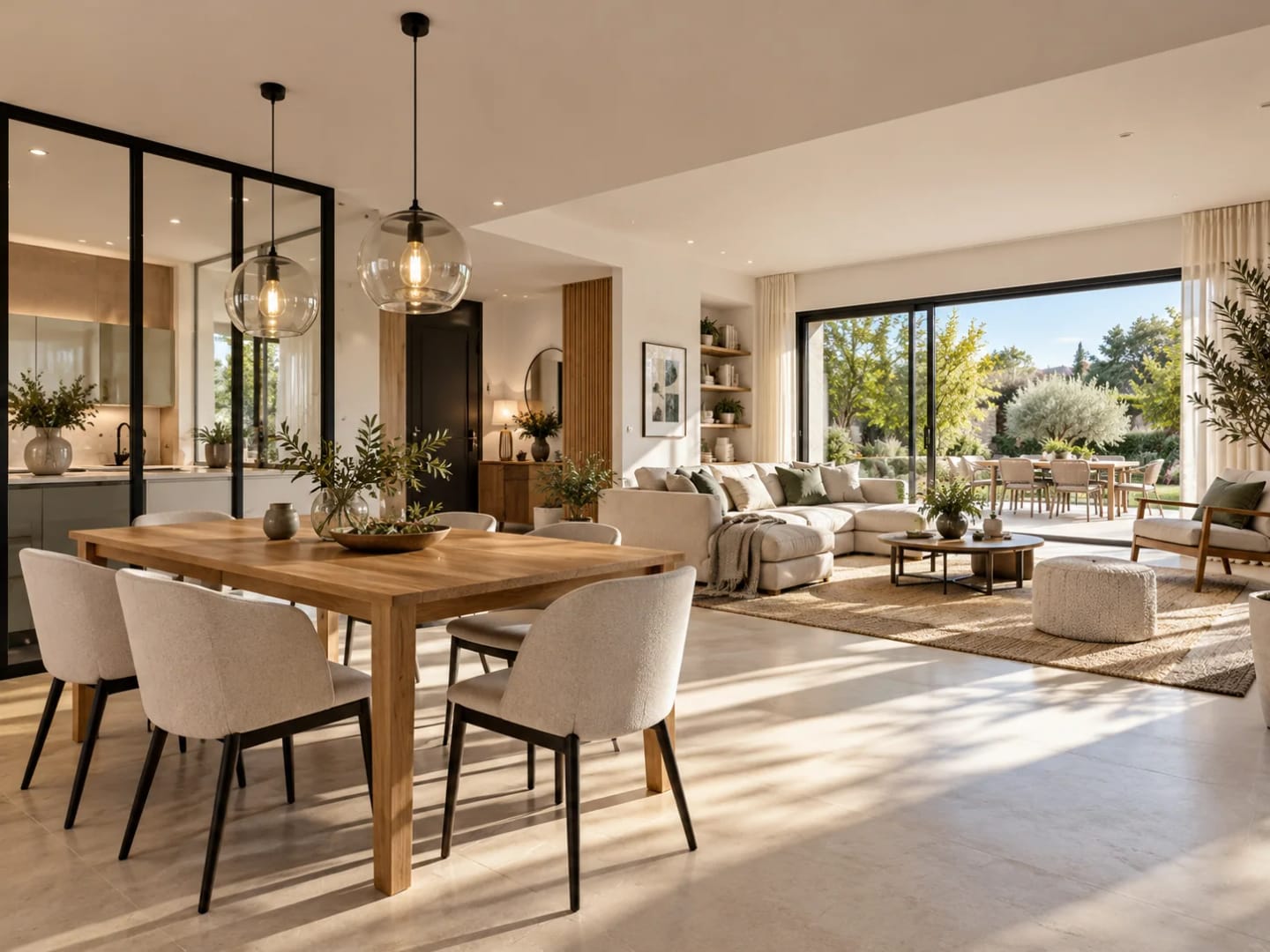 Intérieur lumineux d’une maison rénovée avec salle à manger et salon ouverts
