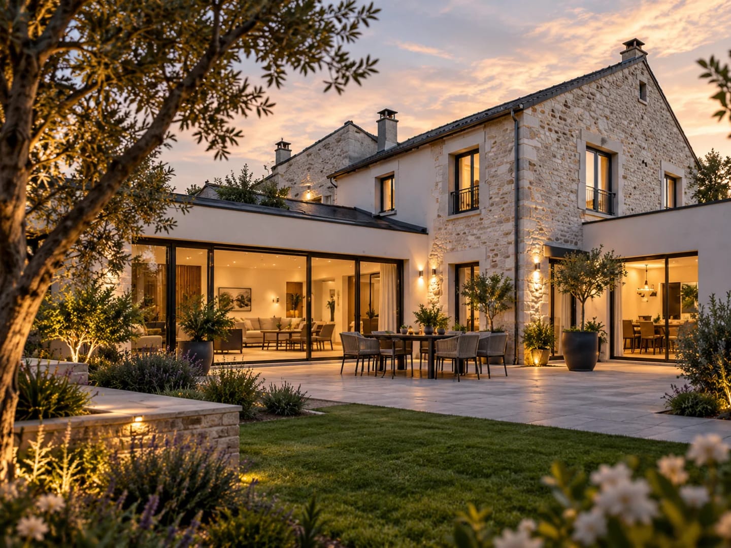 Maison rénovée avec extension vitrée et espaces intérieurs ouverts sur le jardin
