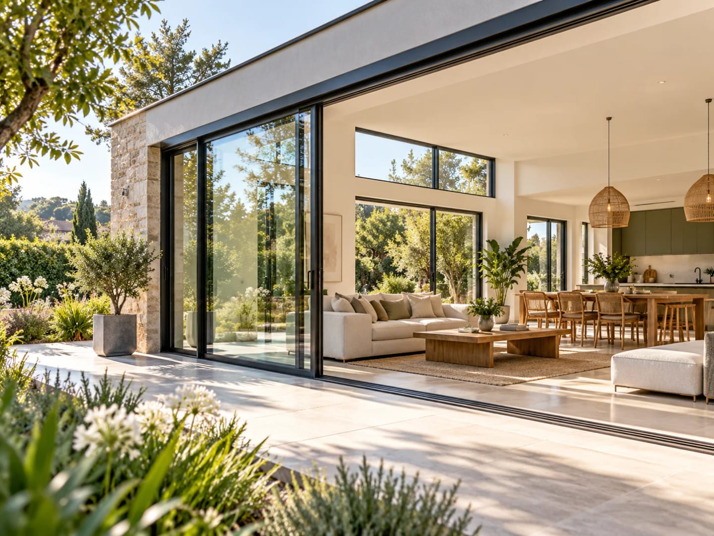 Maison rénovée avec grandes ouvertures et extension vitrée donnant sur la terrasse