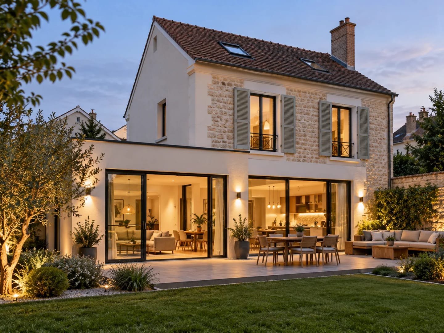 Maison rénovée avec extension vitrée, terrasse et jardin paysager