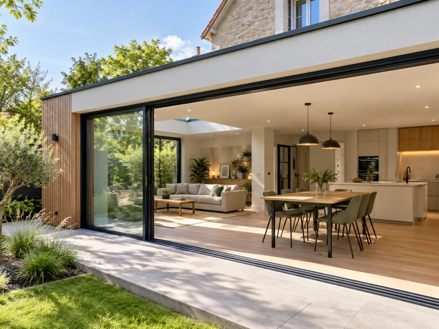 Extension contemporaine ouverte sur un séjour et un jardin
