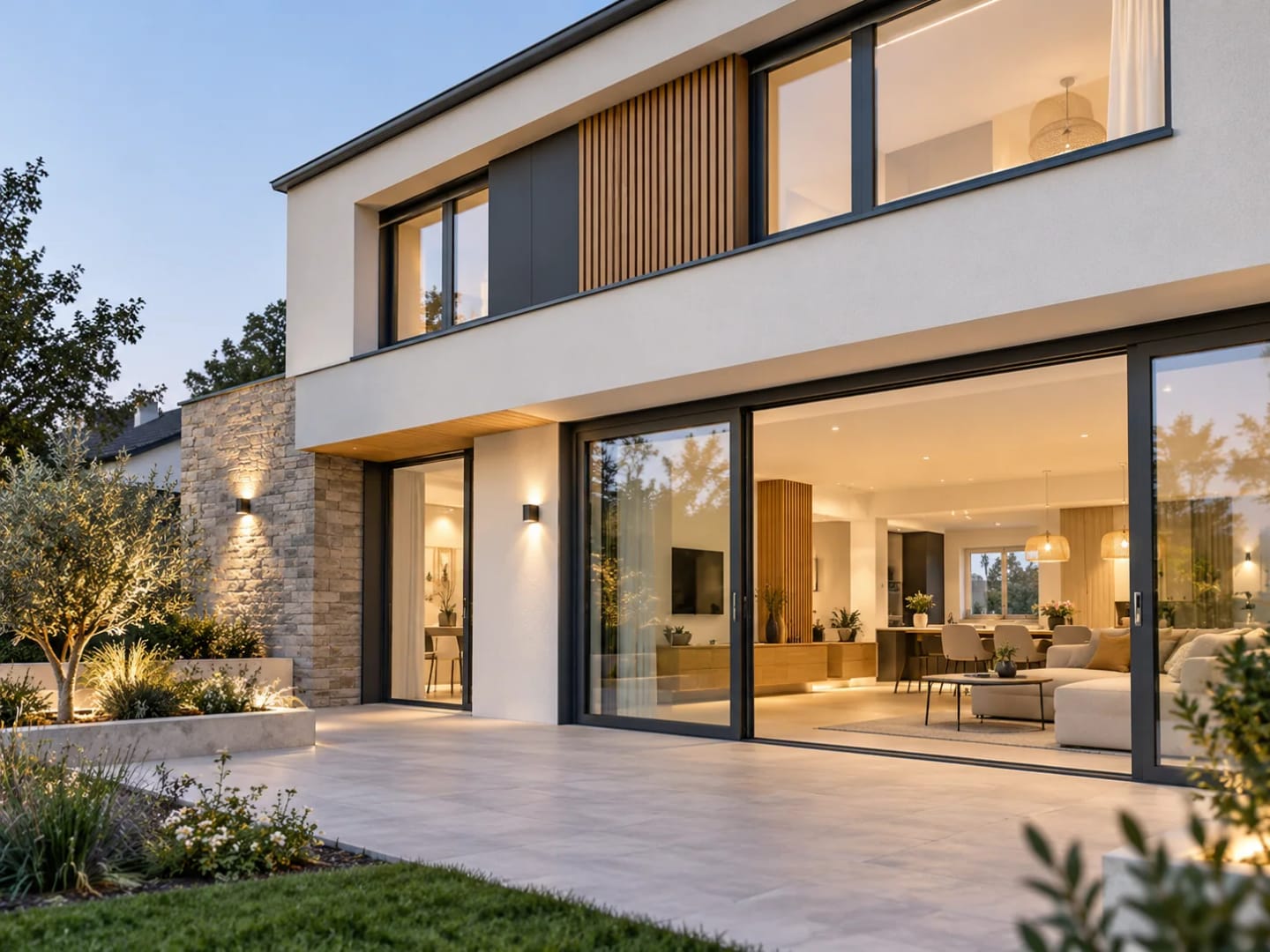 Façade contemporaine rénovée avec grandes baies vitrées et terrasse