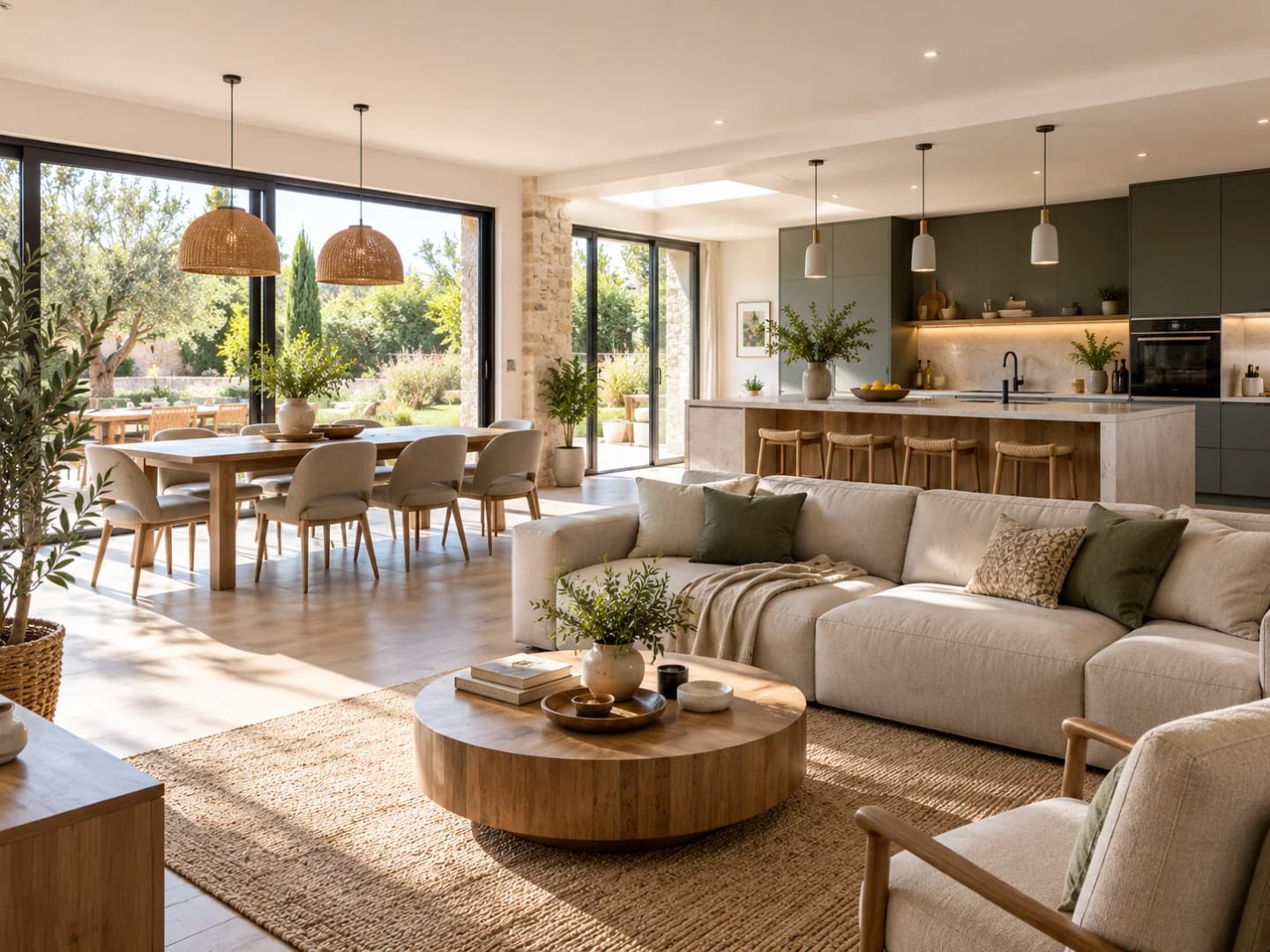 Intérieur de maison rénovée avec cuisine ouverte et grandes baies vitrées