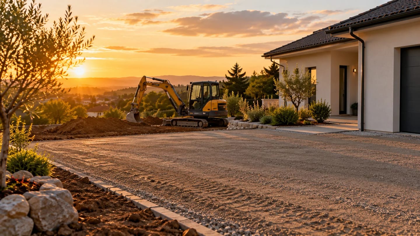 Terrain préparé autour d’une maison au coucher du soleil