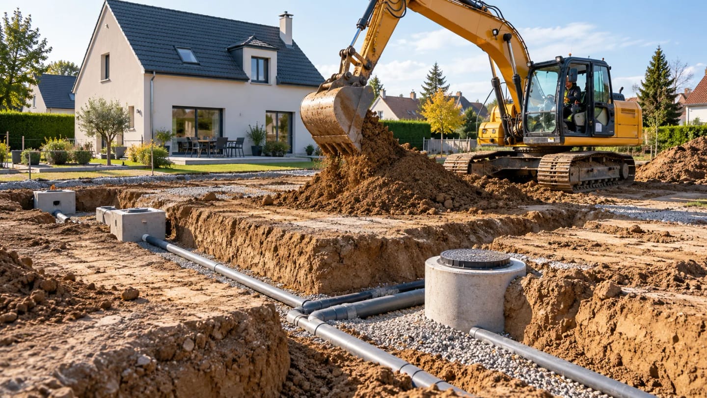 Tranchées pour les réseaux d’une maison avec mini-pelle sur le chantier