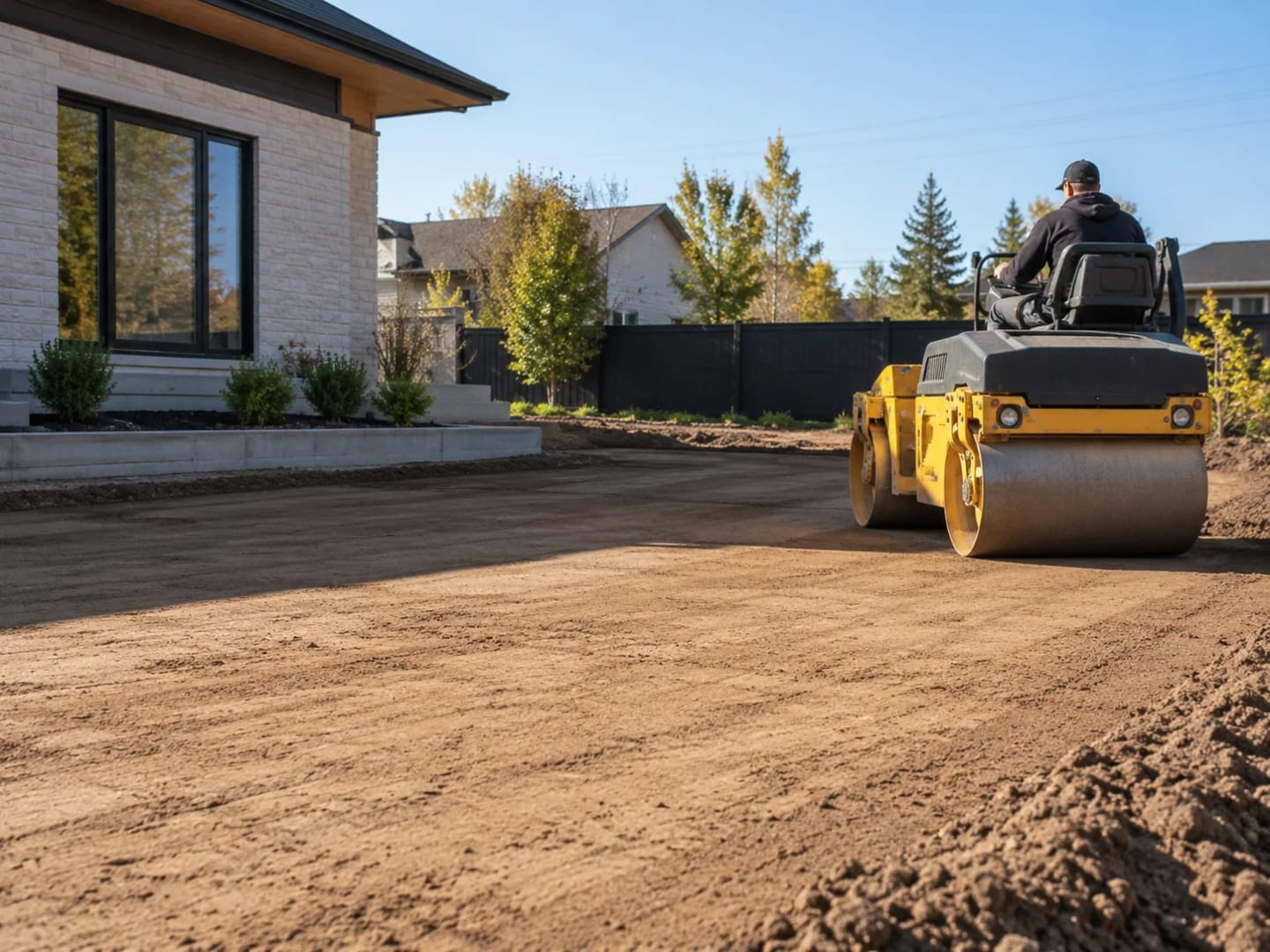 Nivellement d’un terrain avec compactage avant aménagement