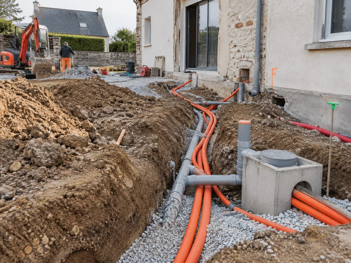 Tranchées et réseaux enterrés autour d’une maison en rénovation