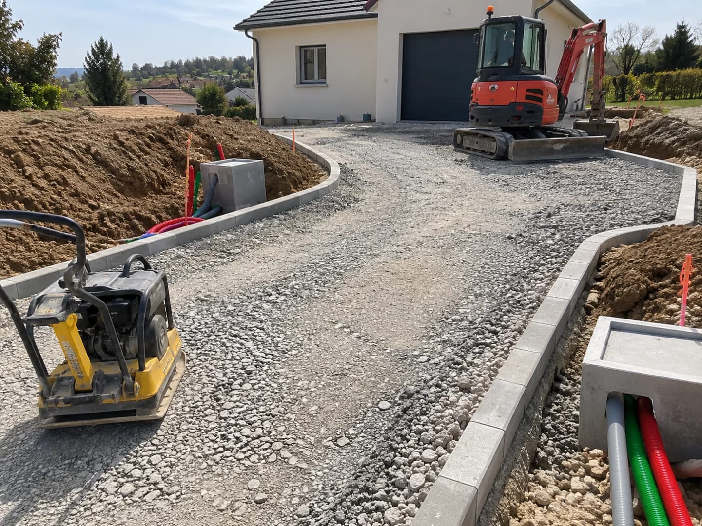 Création d’un accès carrossable avec nivellement et réseaux autour d’une maison
