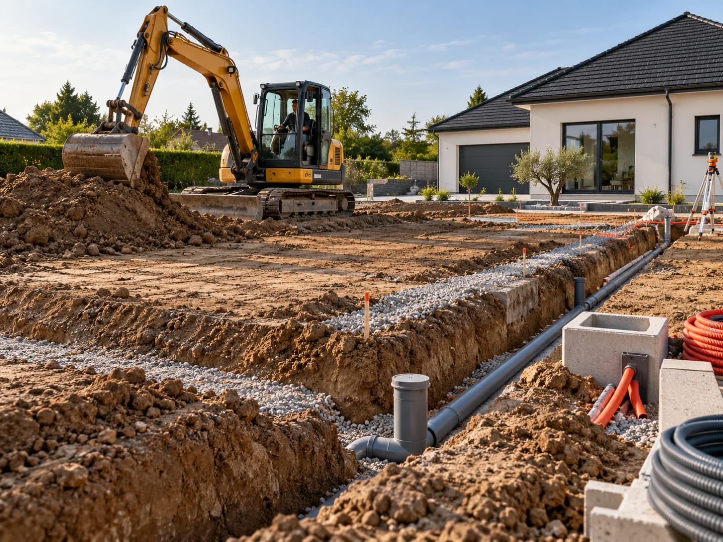 Préparation d’un terrain avec tranchées et réseaux avant construction