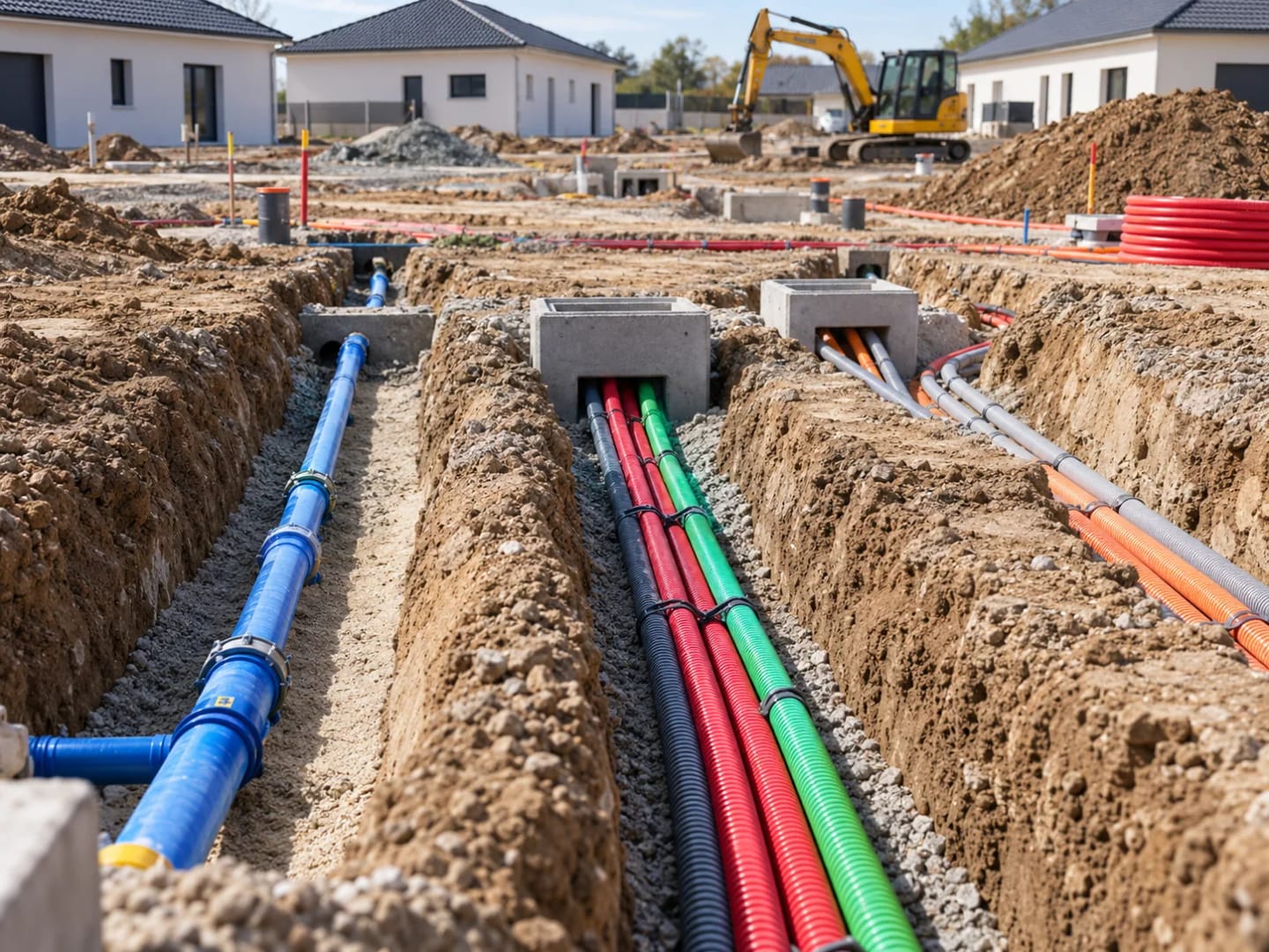 Tranchées techniques avec gaines et canalisations pour les réseaux d’une maison