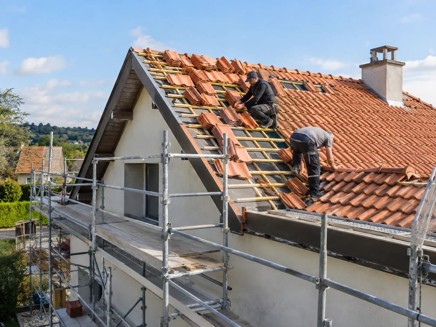 Couvreurs posant des tuiles sur une toiture en rénovation