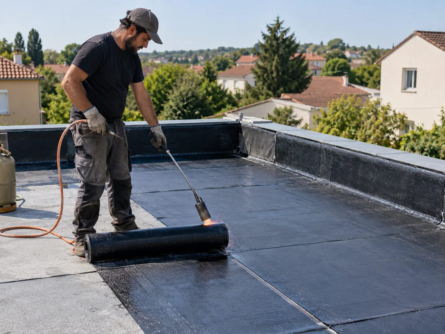 Couvreur posant une membrane d’étanchéité sur un toit plat
