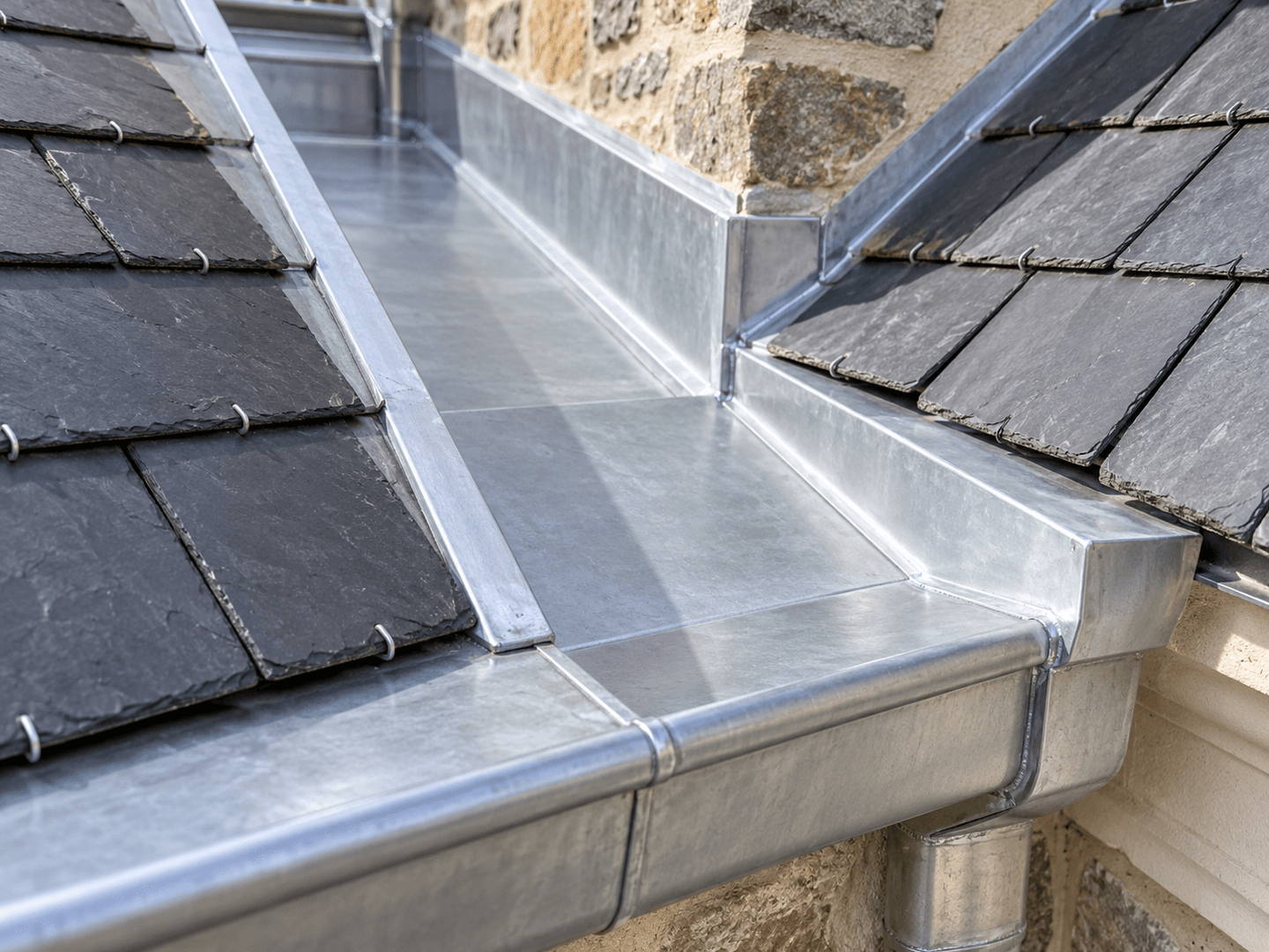 Chéneau en zinc rénové entre deux pans d’une toiture en ardoises