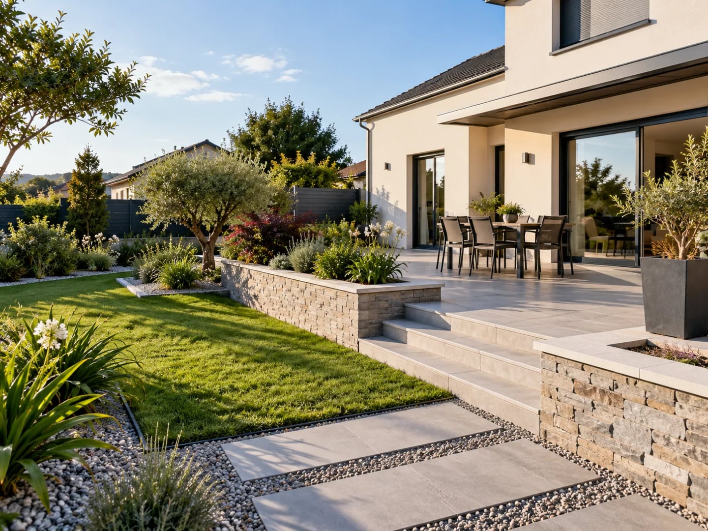 Maison contemporaine avec terrasse et jardin aménagés
