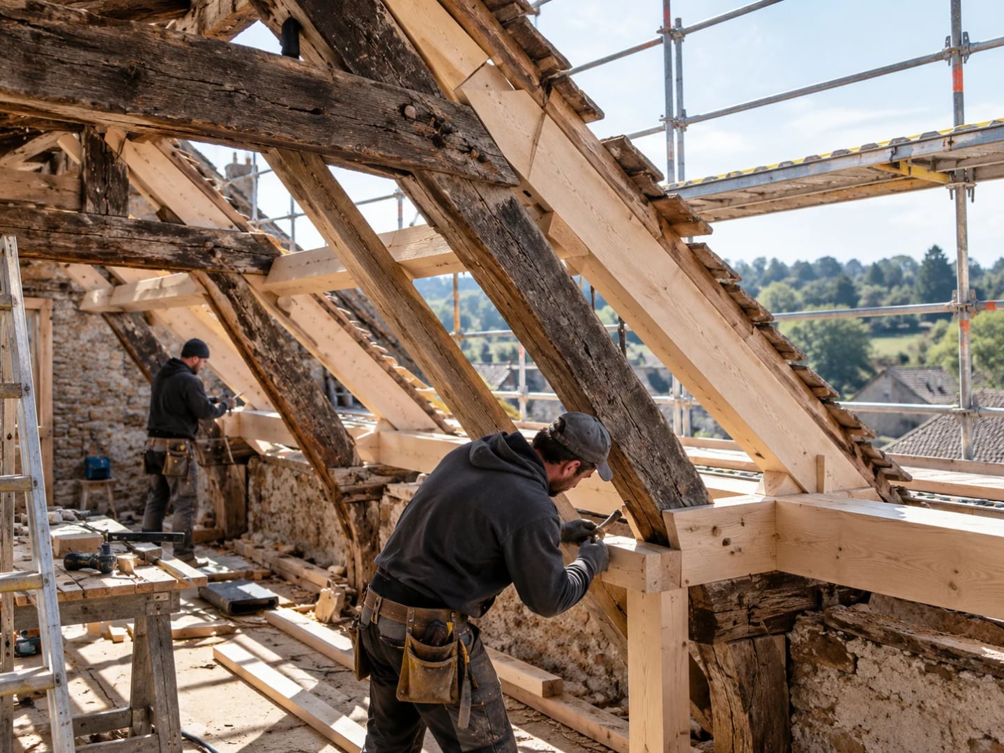 Travaux de rénovation et de modification d’une charpente en bois