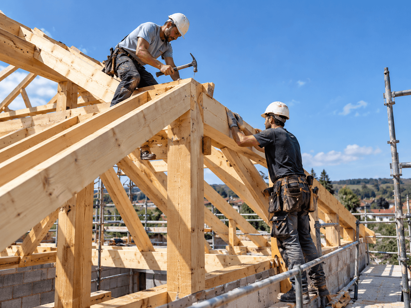 Charpente en bois en cours de construction.