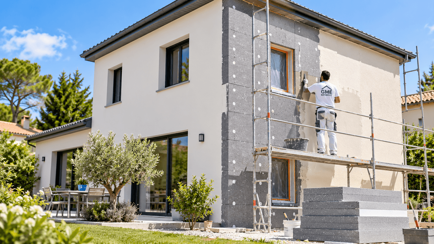 Professionnel posant une isolation extérieure sur la façade d’une maison