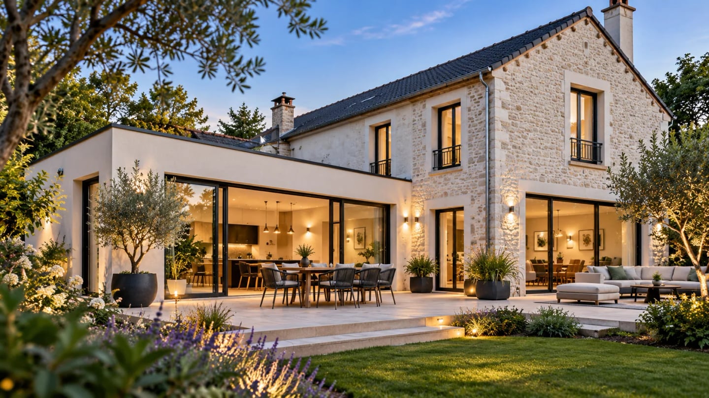 Maison rénovée avec extension vitrée et jardin paysager