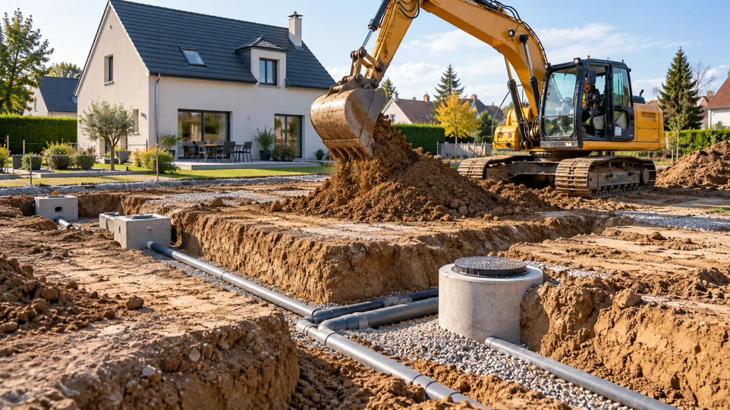Terrassement d’un terrain avec pelle mécanique et réseaux enterrés