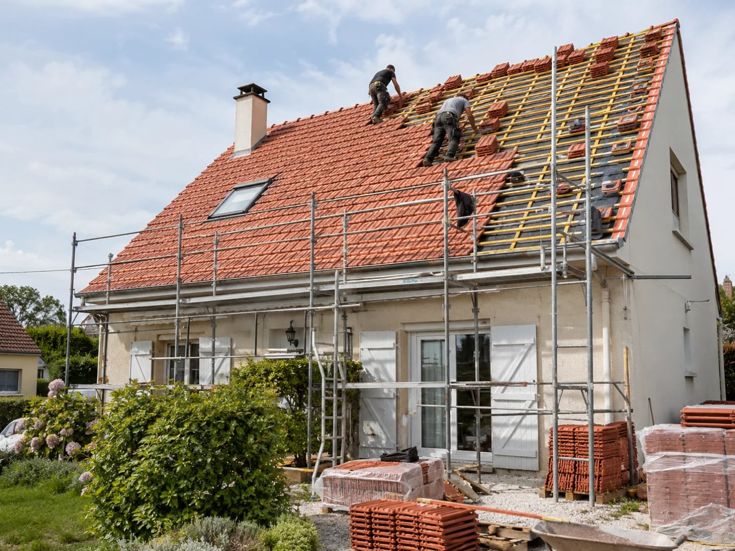 Couvreurs en intervention sur une toiture en tuiles