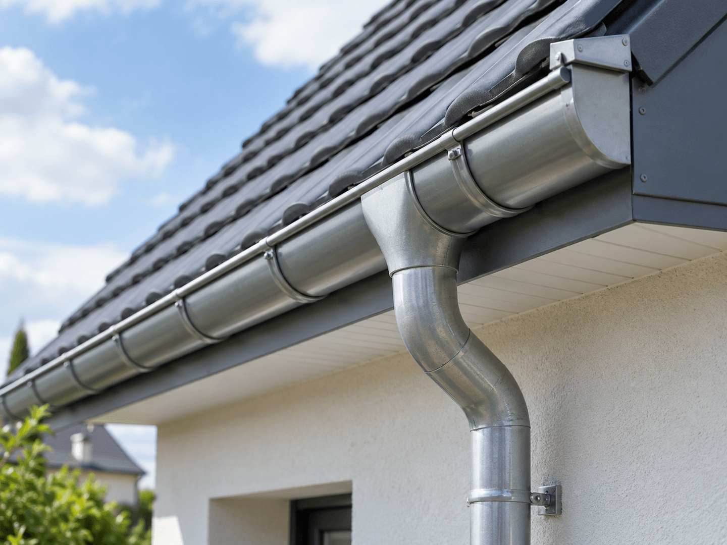 Gouttière métallique et descente d’eau sur une maison moderne