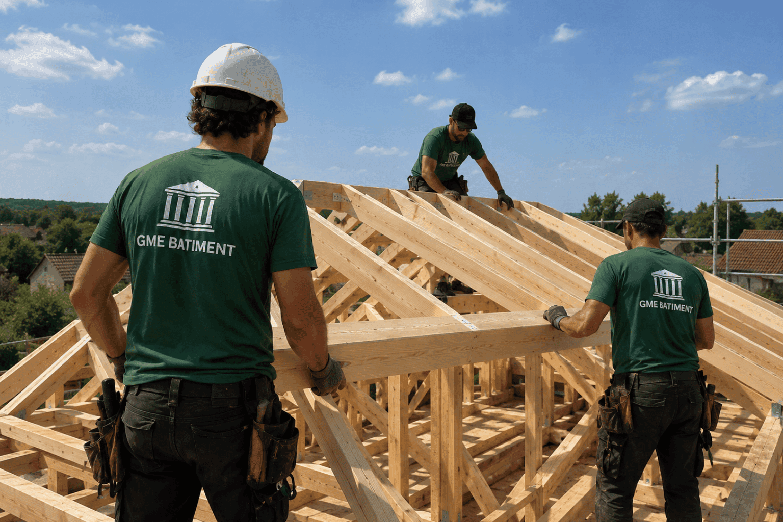 Chantier charpente en bois équipe GME Bâtiment