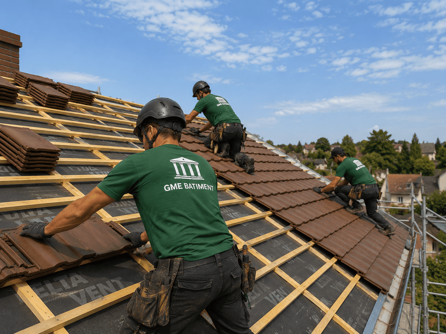 Chantier toiture équipe GME Bâtiment